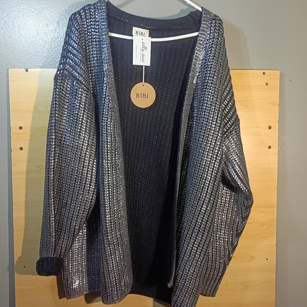 BIBI Cardigan Sweater Women L Black Silver Metallic Foil Open Front Oversized